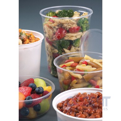 Item No 261 Round 8 oz. 1/2 Pint Plastic Container, Clear, microwaveable,  500 pack Dimensions: 4 1/2 inches outside diameter, 1 3/4 inches tall  Detail Page
